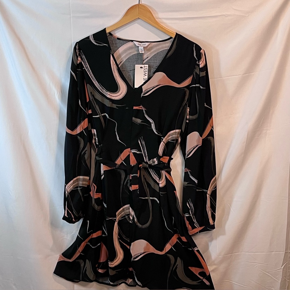 NWT Nine West tie waist dress long sleeve spring abstract on black Rayon Size XL